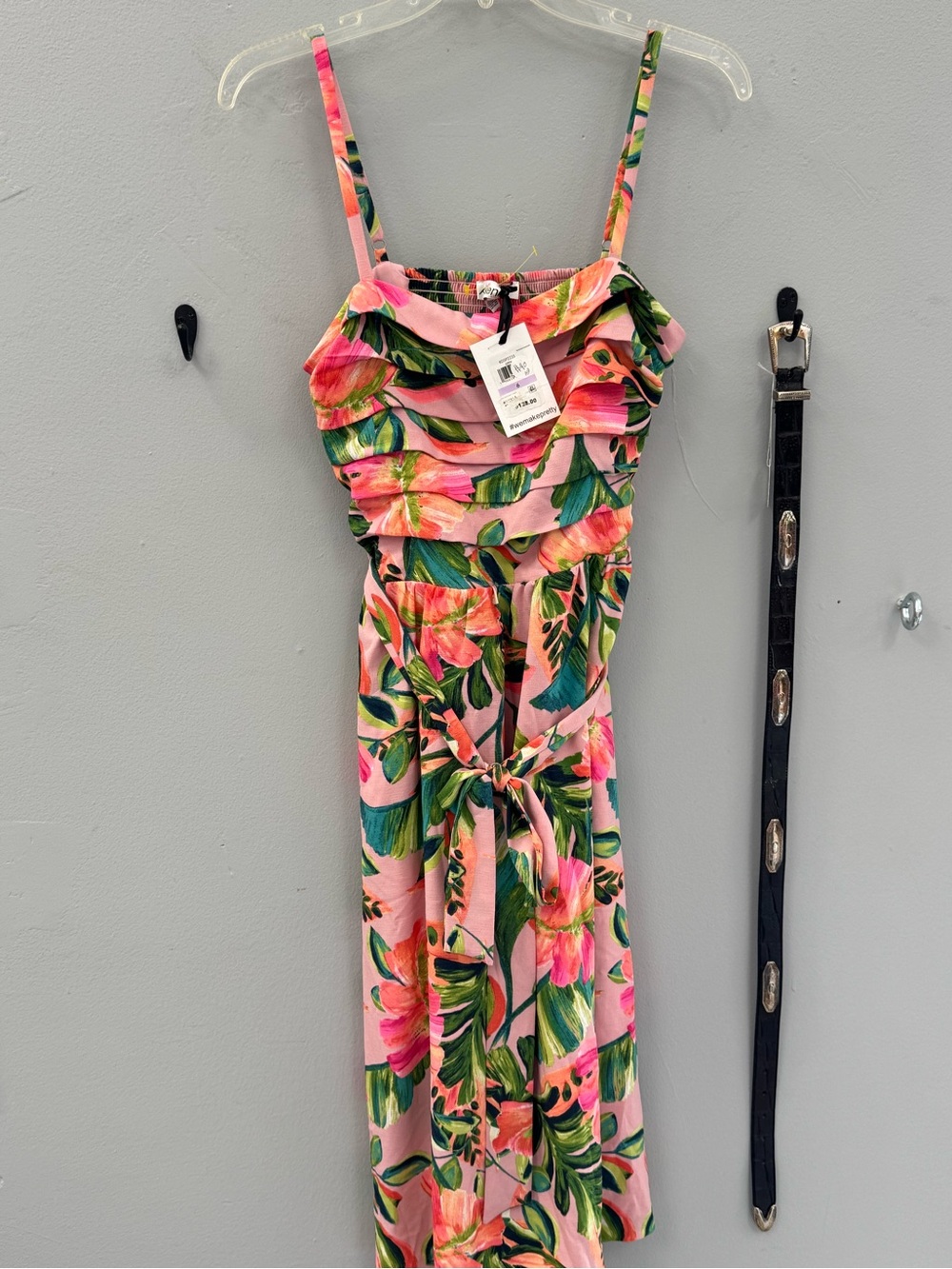 Kensie Pink Tropical Floral Midi Dress with Green Leaf Print